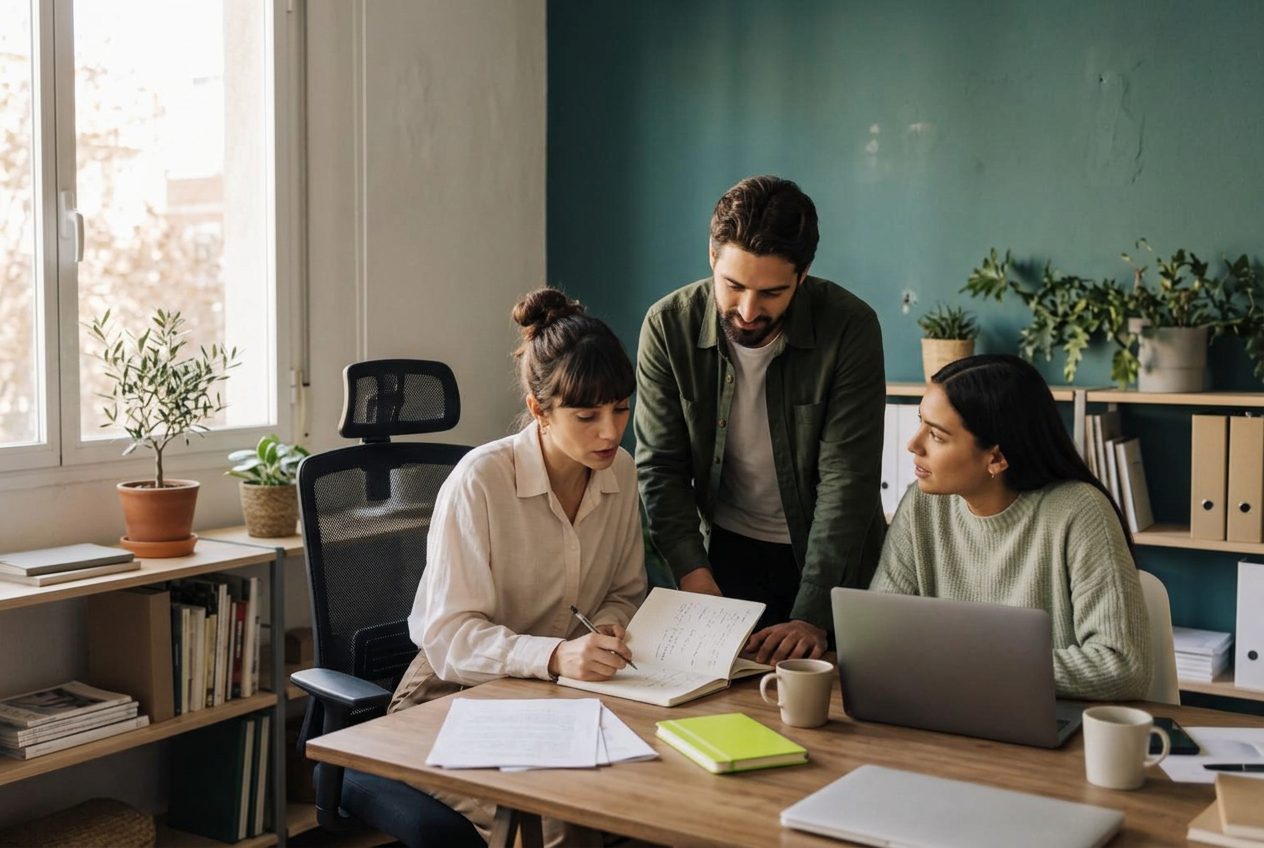 Equipo de una pequeña empresa organizando su trabajo en una oficina